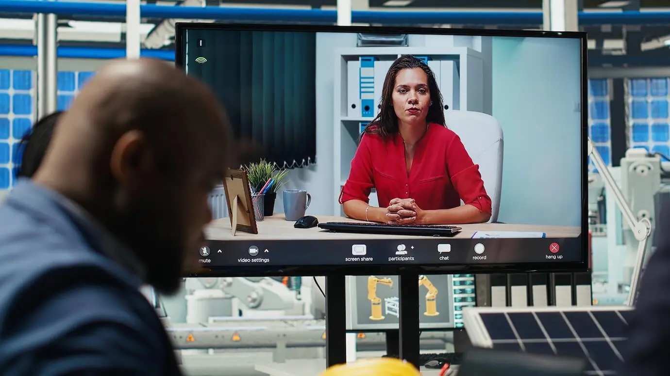 Investoren im Büro, die während einer Videokonferenz Berichte zur Solartechnologie prüfen.